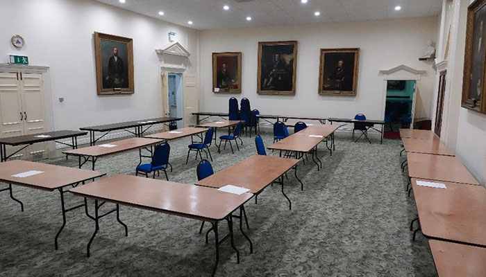 Tables set out for a meeting at Southampton Masonic Hall